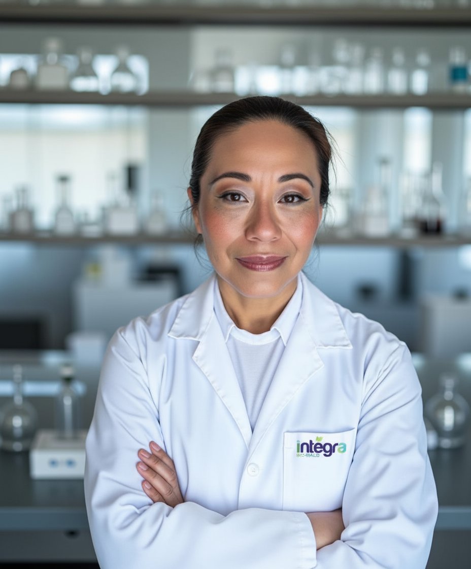 LQI. Gloria García Lam, fundadora de Integra Biosalud, retratada en su laboratorio con bata profesional.