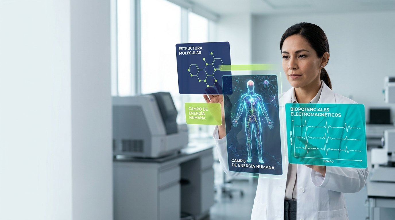 Investigación científica avanzada en bioenergética humana, mostrando estructura molecular, campo de energía y biopotenciales electromagnéticos.